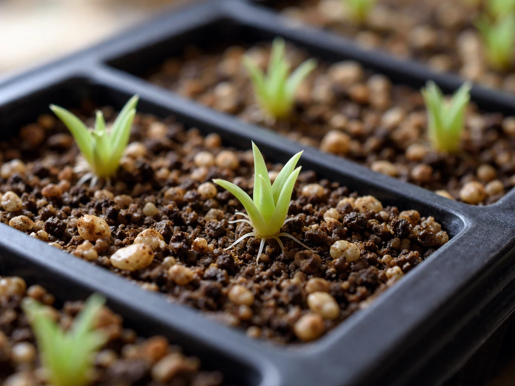 Close-up of small aloe vera seedlings in gritty soil, showing tiny new growth in a propagation tray.