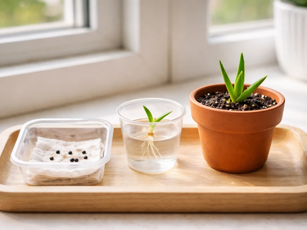 Indoor windowsill still life showing aloe vera seeds, a tiny sprout with roots, and a young seedling in a pot.