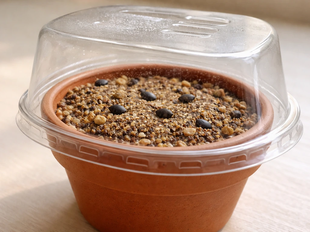 Closeup of aloe vera seeds surface-sown in gritty potting mix with a vented humidity cover over them