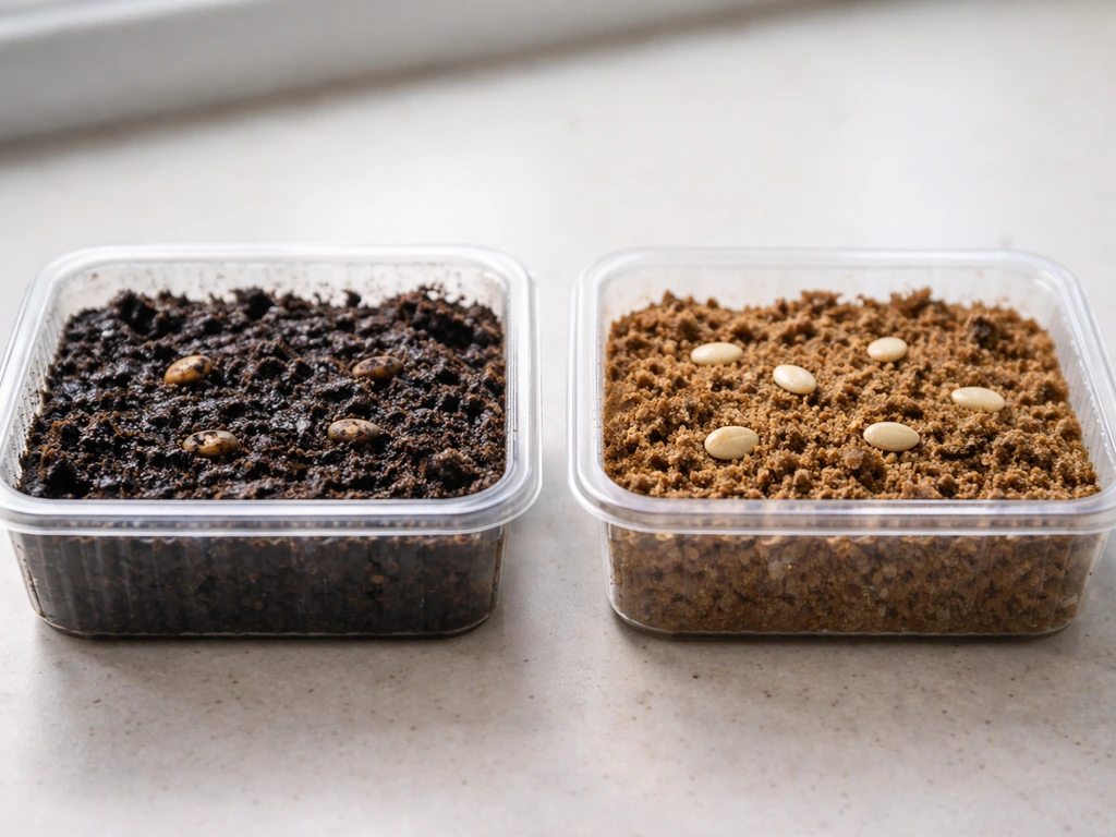 Close-up of two small trays: waterlogged soil with dark, rotting seeds beside a lighter airy moist medium tray