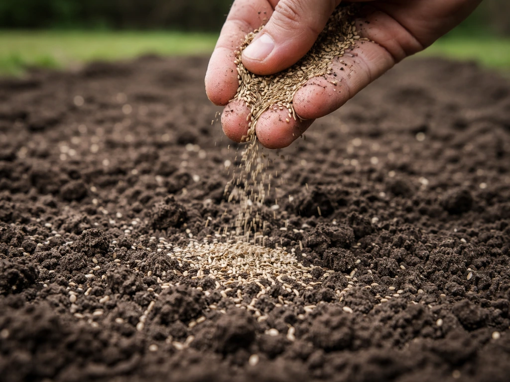 Close-up of grass seed scattered onto damp prepared soil on an Irish lawn, showing seed-to-soil contact.