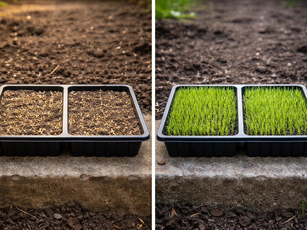 Two empty outdoor seed trays in a simple garden, with blurred grass sprout contrast for late summer vs spring.