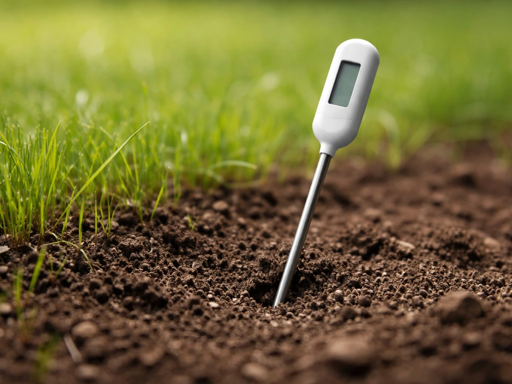 Close-up of a thermometer probe in lawn soil with young grass seedlings emerging nearby.