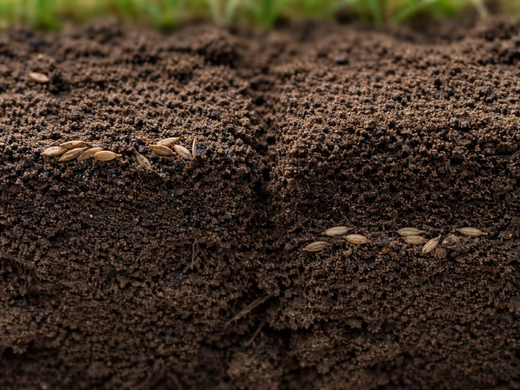 Macro view of grass seed lightly covered by 3–6mm soil versus seeds buried deeper.