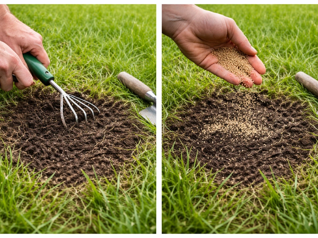 Close-up of hands scarifying a bare lawn patch and sprinkling grass seed onto scratched soil.