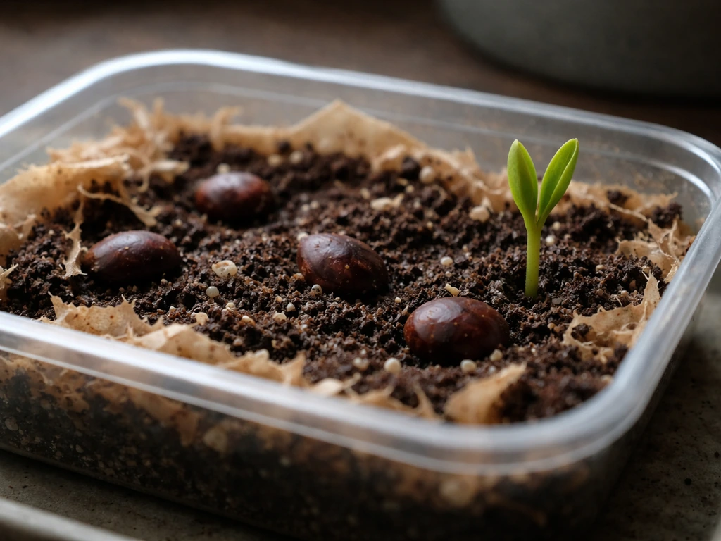 Peony seeds in a small stratification setup beside a young sprouted seedling in a dim, earthy scene.