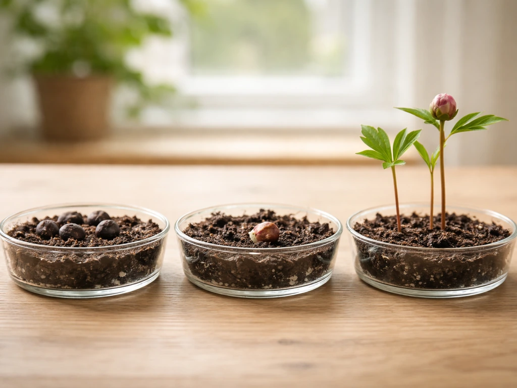 Peony seeds in moist medium, tiny radicle emerging, seedlings growing toward first bloom in stages.