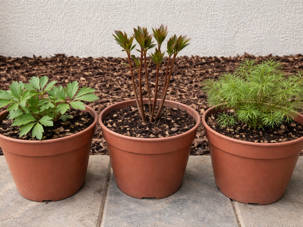 Side-by-side pots showing herbaceous, tree, and species peony seedlings with distinct leaf and stem forms.