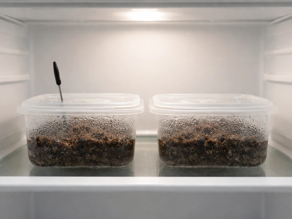 Refrigerator shelf with unlabeled clear containers of moist medium for cold stratification at about 4°C.