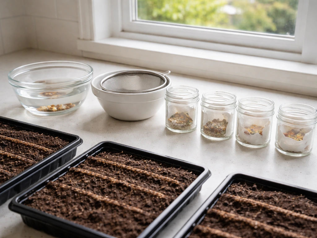 Indoor seed-starting setup with soaking container, draining setup, stratification jars, and planting trays