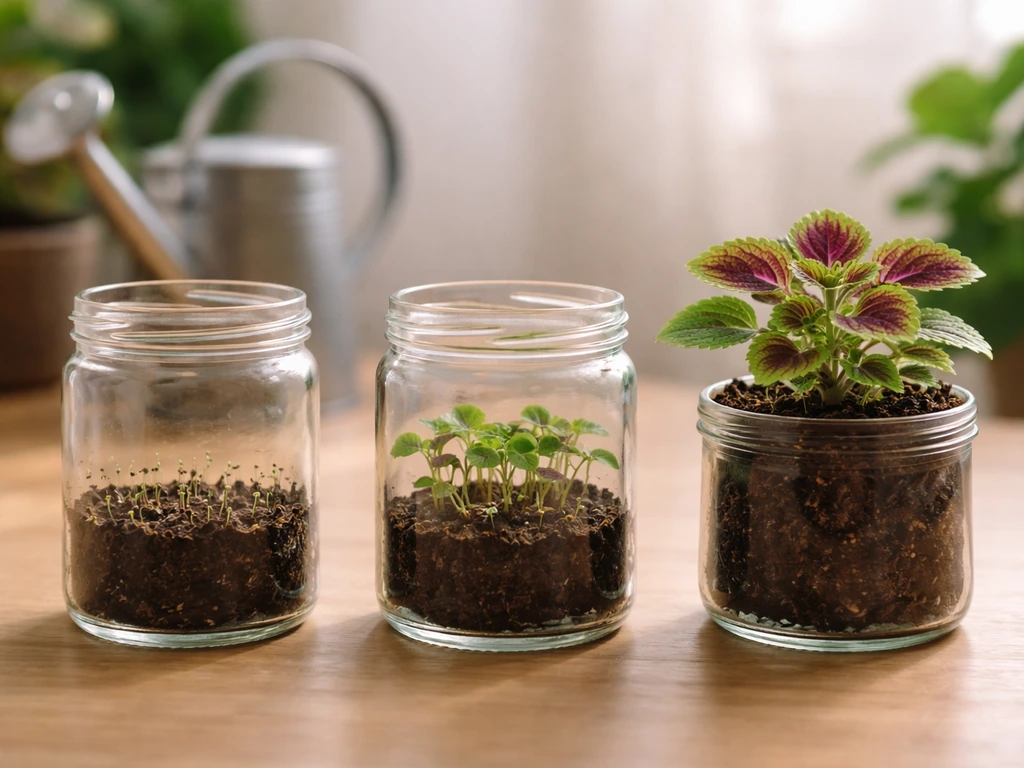 Three coleus growth stages in glass jars and pots, arranged to suggest germination to maturity.