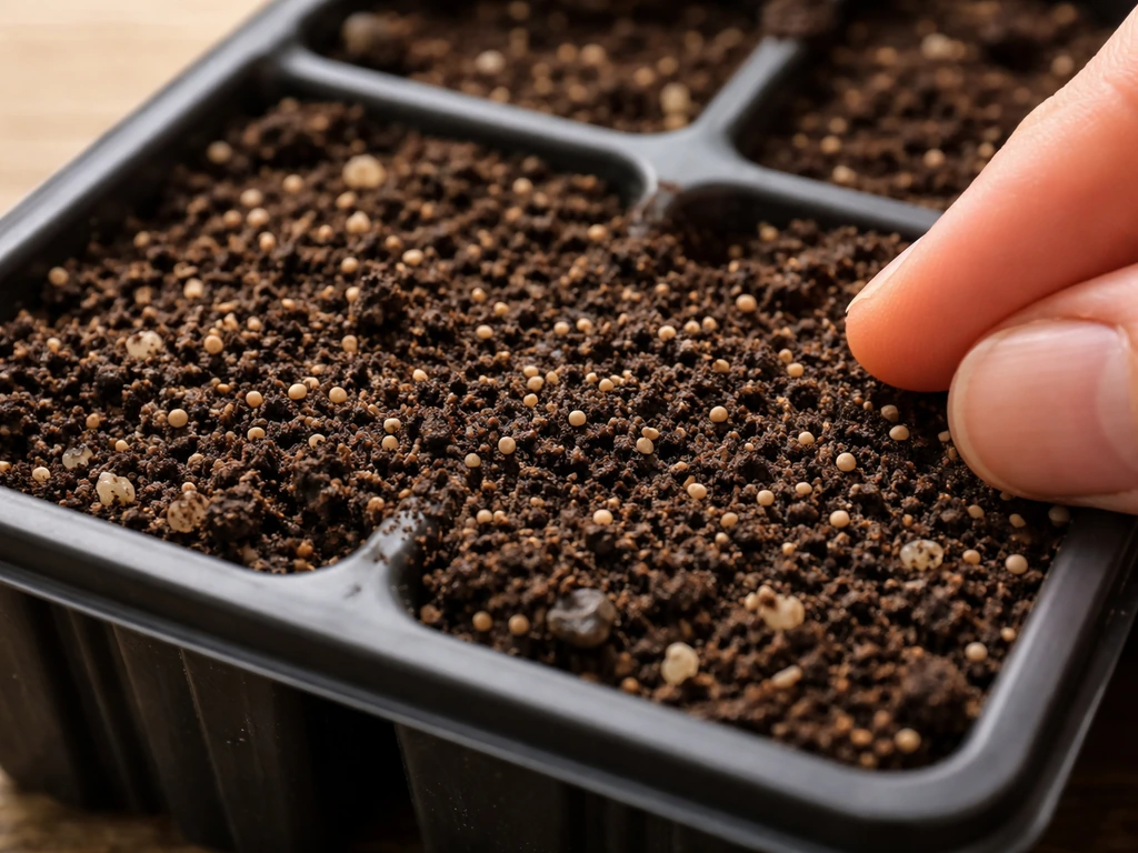 Close-up of tiny coleus seeds visible on seed-starting mix in a tray, not covered.