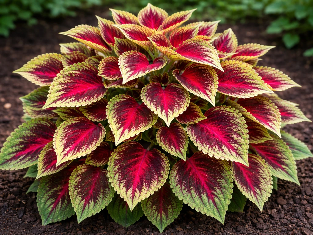 Mature dense coleus plant with fully developed, vibrant variegated foliage in a garden bed.