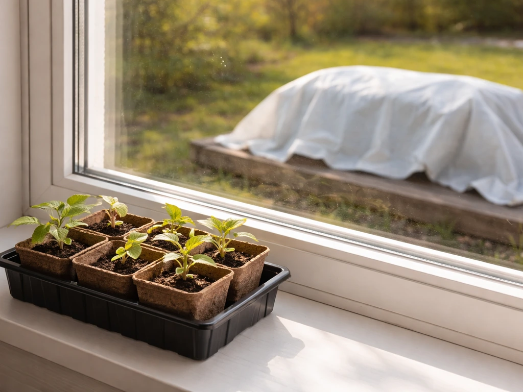 Coleus seedlings by a sunny window indoors, with an outdoor frost-safe cloth marker staged beside them.