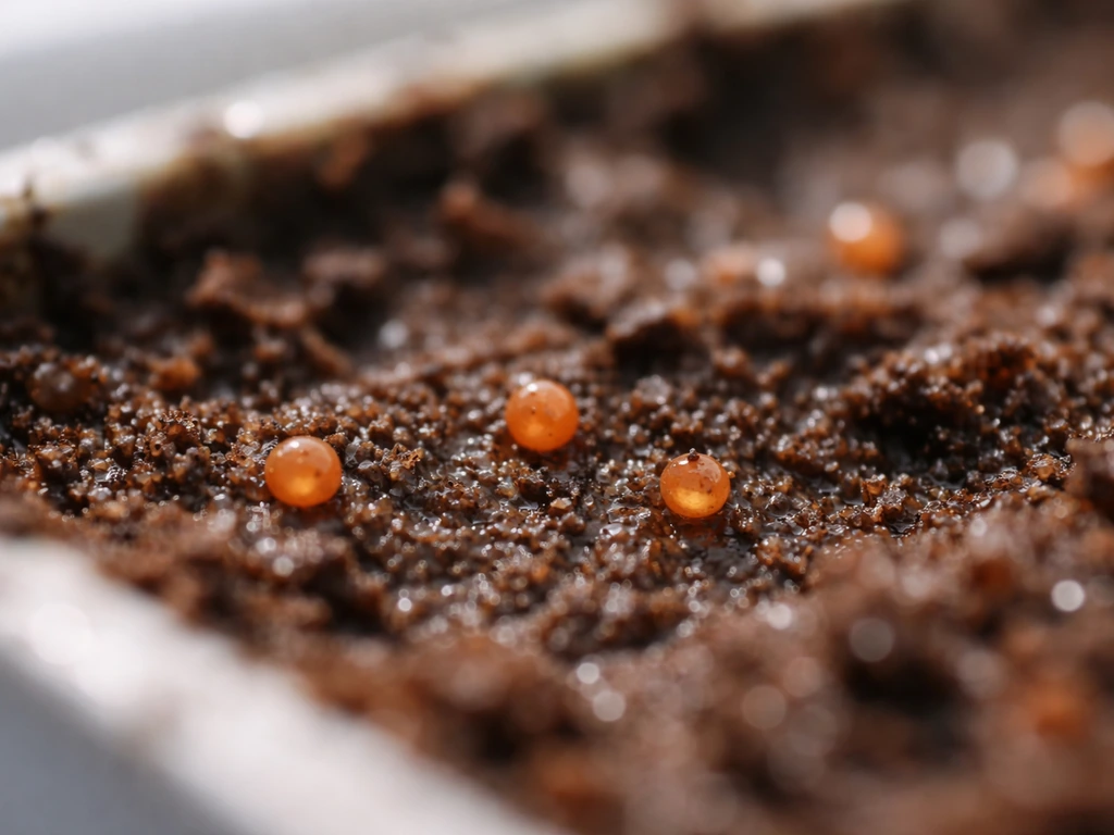 Close-up of tiny Oxalis (shamrock) seeds on moist seed-starting medium in soft natural light.