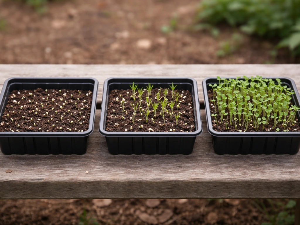 Three Oxalis seed trays side-by-side showing sprouts at day 7, 14, and 21 germination stages.