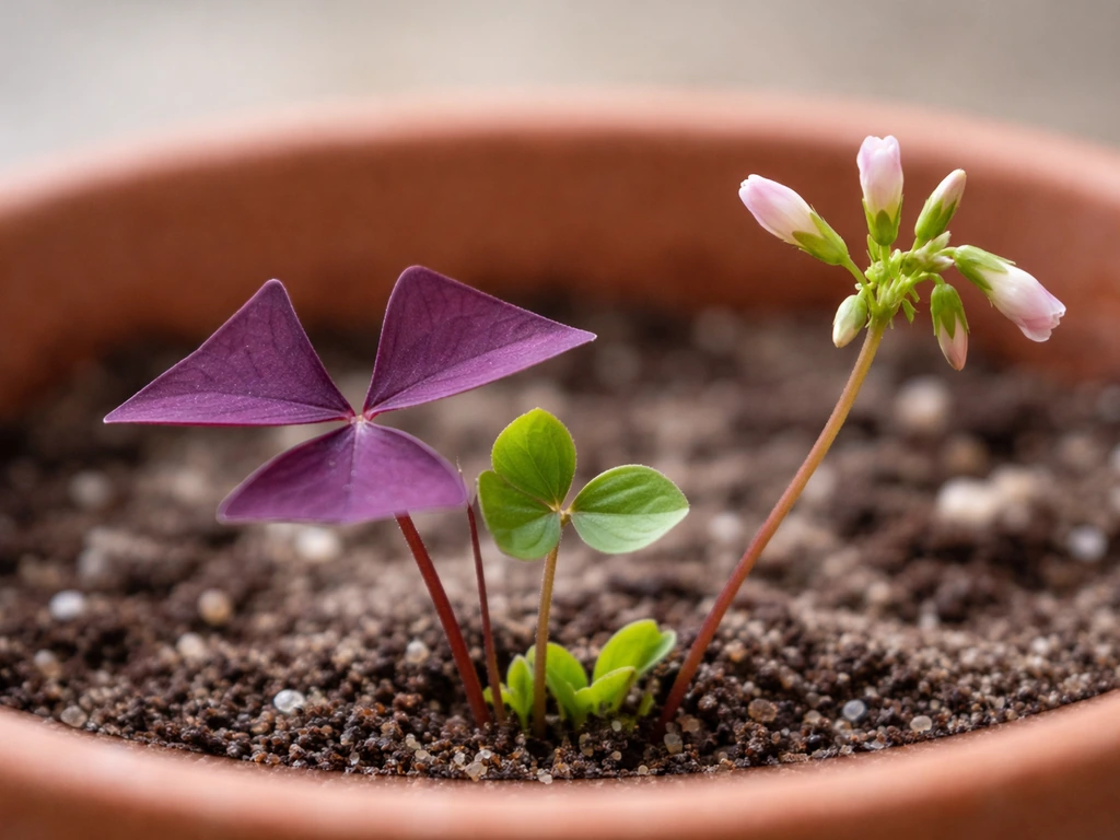 Oxalis triangularis plant showing new true leaves and transitioning from buds toward flowering