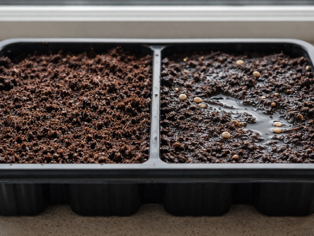 Seed-starting tray split view: damp soil vs overwatered glossy soil with pooling to show rot risk