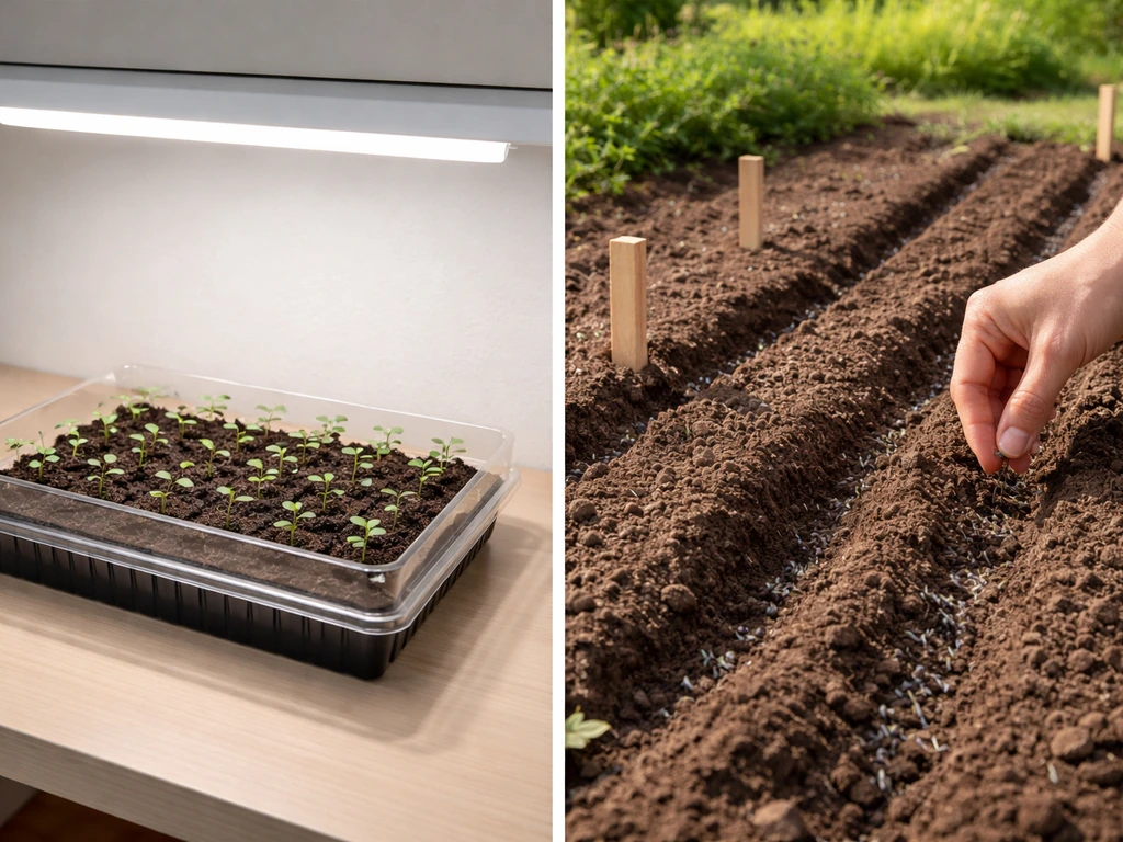 Split photo: seed tray under grow lights indoors vs. lavender seeds sown in an outdoor garden bed.