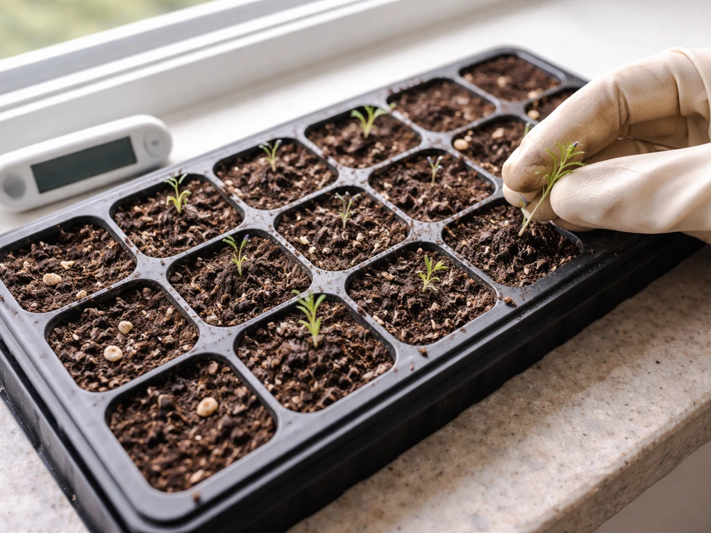 Seed-starting tray with lavender seeds, a thermometer, and a gloved hand checking moisture; no mold visible.