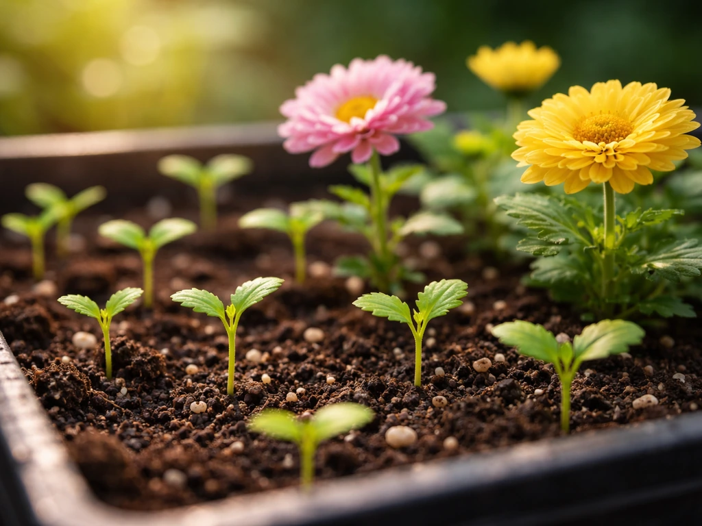 Close-up of vivid chrysanthemum seedlings with a few blooming flowers in soft morning light.