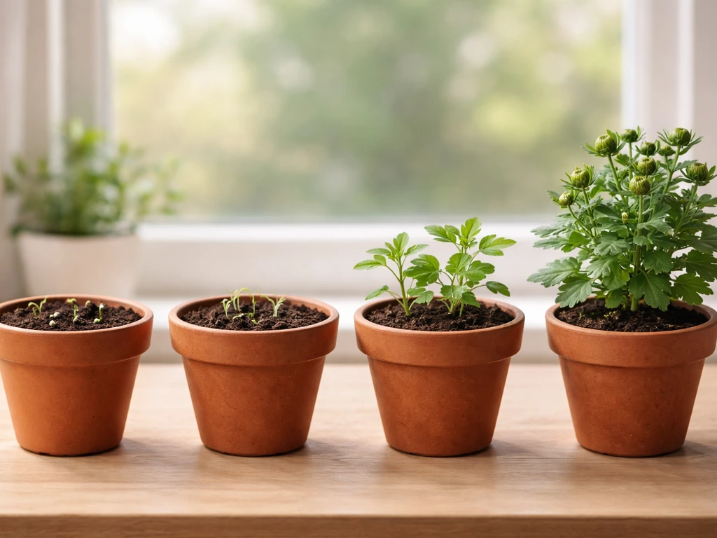 Chrysanthemum growth timeline shown by four small plants in pots at different stages, minimal natural setting.