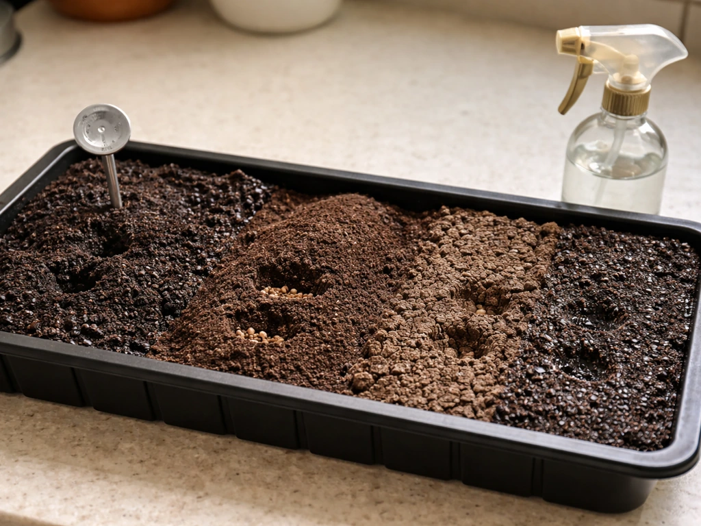 Seed tray on a kitchen counter showing cool soil and deep-buried vs dry, misted surface for slow germination