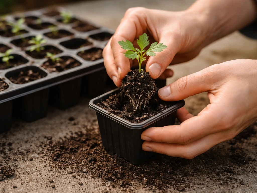 Gardener lifts a chrysanthemum seedling with soil and transplants it into a cell pot