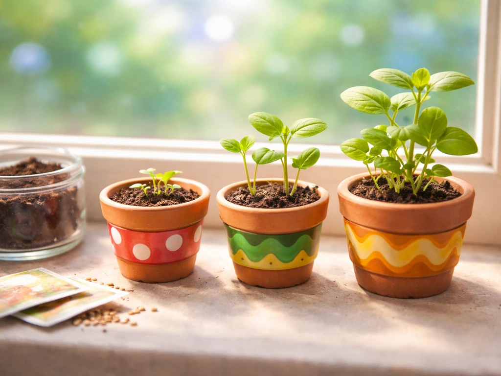 Three seed pots on a windowsill showing sprouting to near-maturity growth stages, under natural light.
