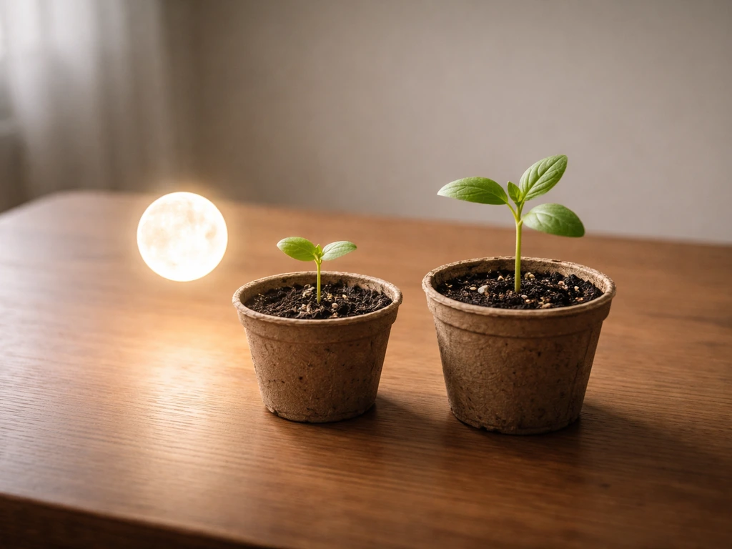 Game-like seed pot with staged leaf growth and a nearby glowing power-moon orb in a simple room