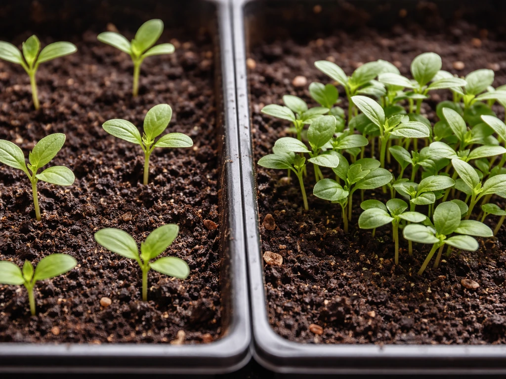 Young seedlings showing first true leaves, spaced vs crowded in a simple soil tray.