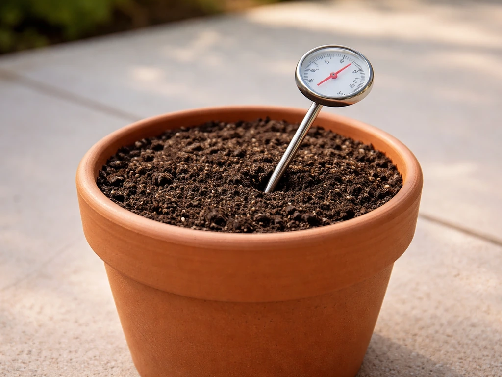 Soil thermometer inserted into potting mix in a small pot, emphasizing soil temperature