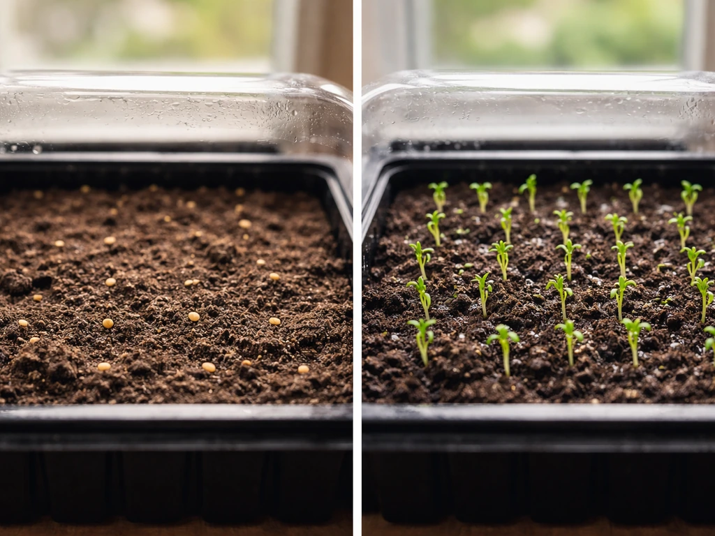 Side-by-side seed trays: left no sprouts from poor conditions, right moist setup with fresh seedlings