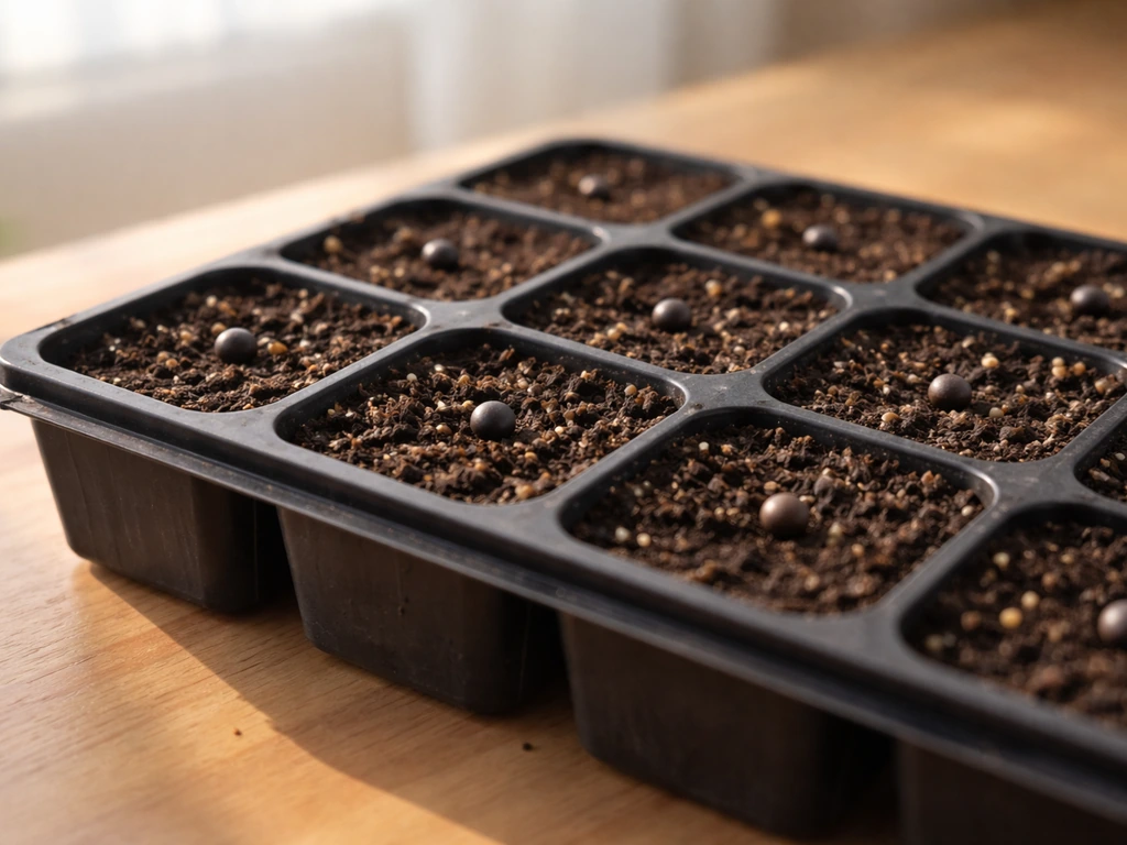 Close-up of peyote cactus seeds and a small seed tray with moist soil specks, ready for germination.
