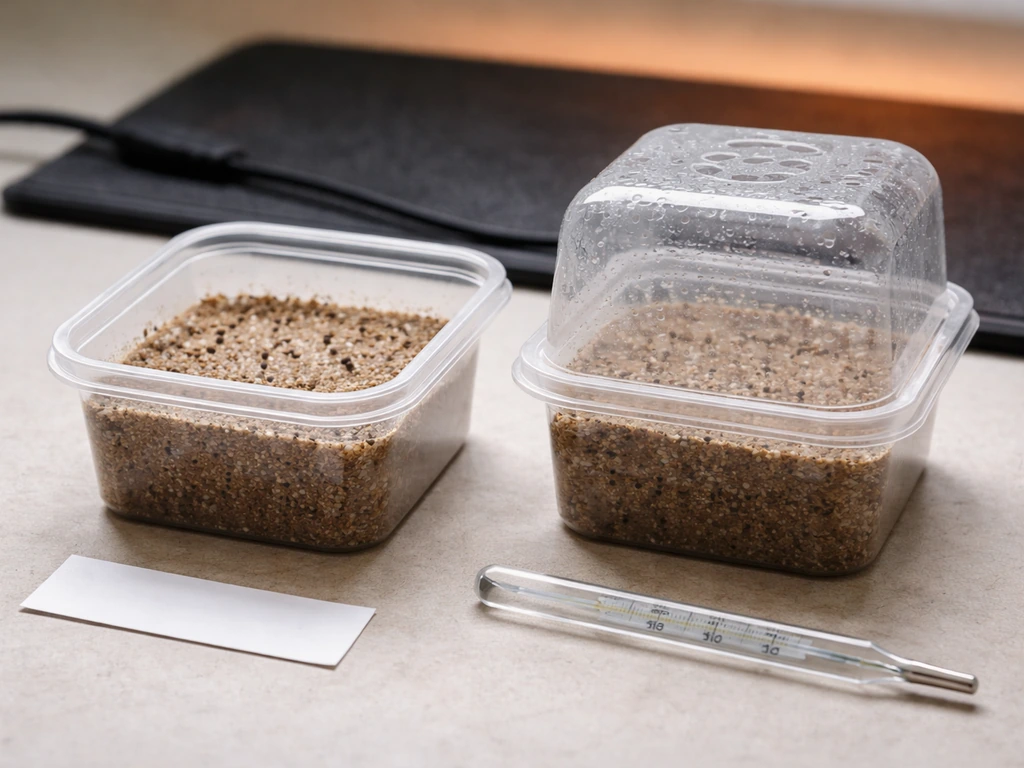 Close-up of sterile seed-starting setup with warm germination environment and moistened seed mix