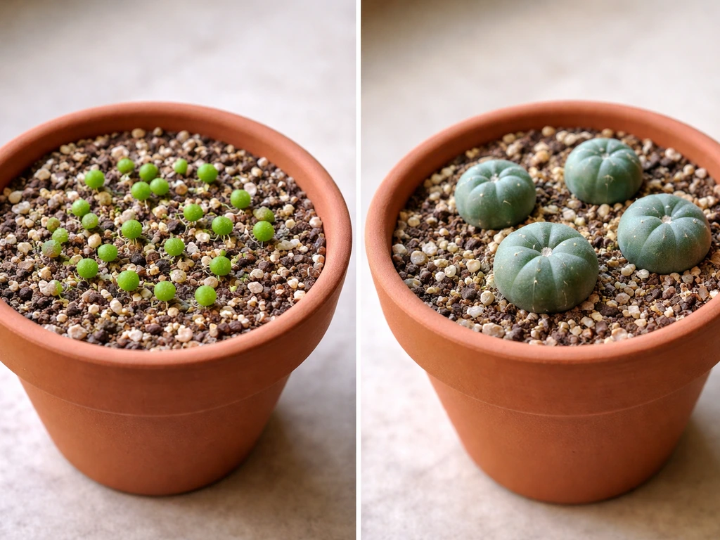 Close-up of two peyote stages side by side: tiny seedlings and older juveniles in separate pots
