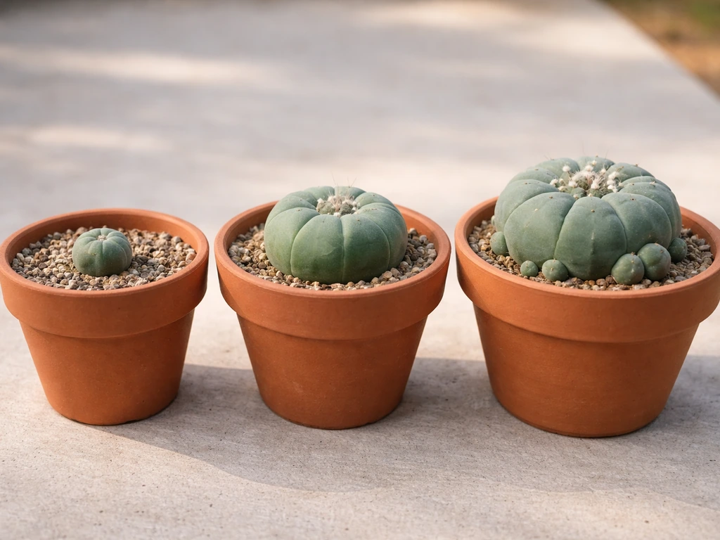 Three small pots showing peyote growth stages: tiny 6-month button, fuller 12-month cactus, older 24+ months cluster.