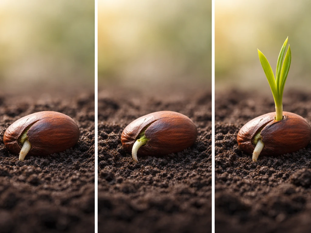 Cycad seed stages in soil: radicle emerging, first cataphyll, then an early seedling established.