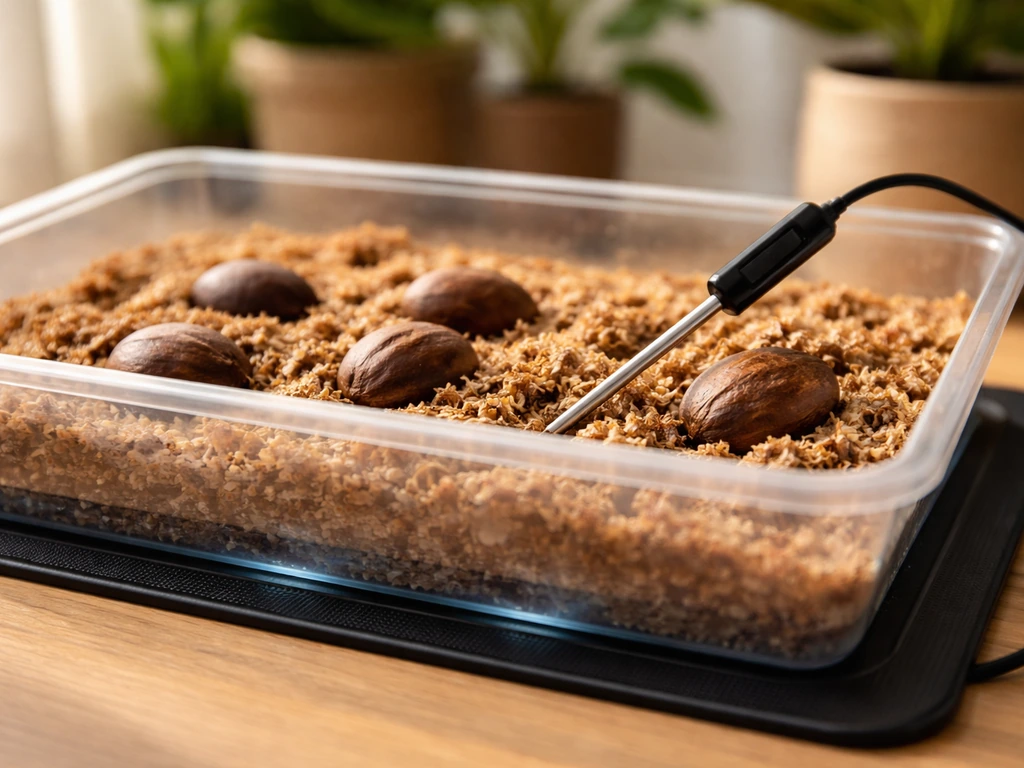 Cycad seeds in germination medium on a heat mat with a thermometer probe showing ~28–30°C.