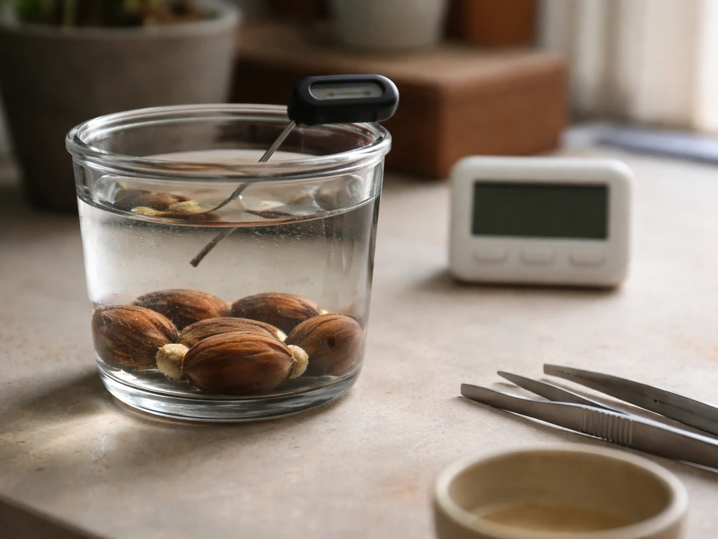 Cycad seeds soaking in lukewarm water beside a thermometer and timer on a workbench