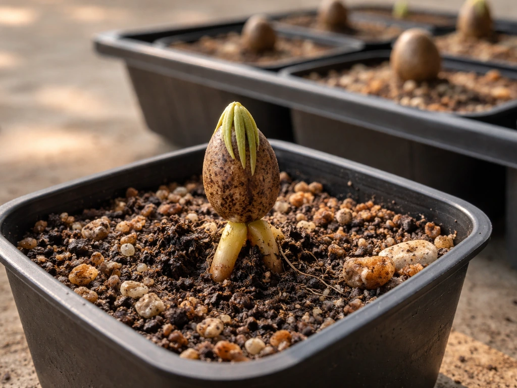 New cycad seedling sprouting from potting mix, showing radicle and first scale-like leaf beside a small tray.