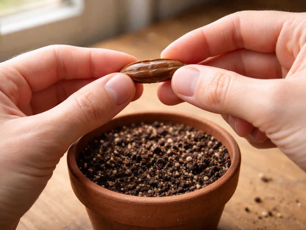 Hands holding a cleaned date palm seed over a small pot of seed-starting mix.