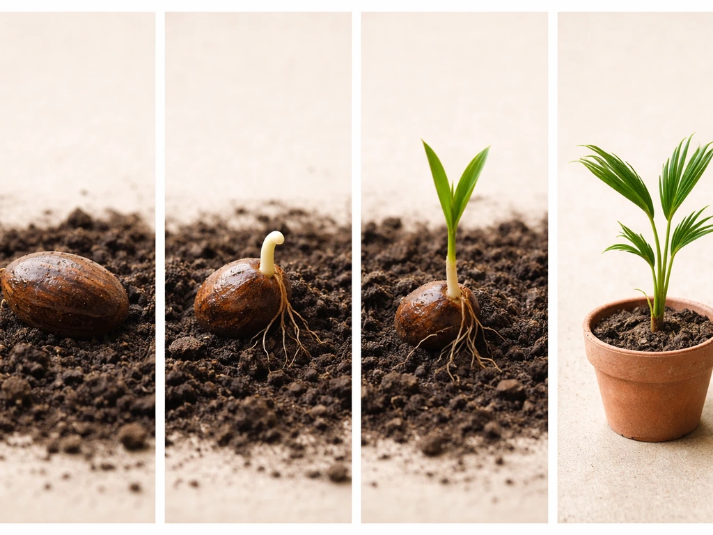 Photo collage of a seed sprouting into a young palm with simple stage-by-stage frames.