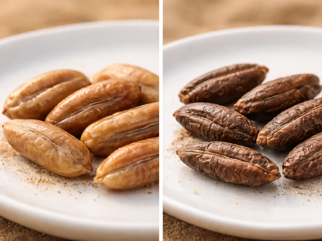 Side-by-side photo of plump fresh date seeds versus shriveled older date seeds on a white plate.