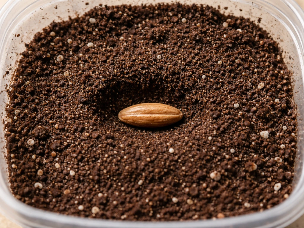 Top-down view of a date seed set at about 0.5 inches in moist soil in a small container