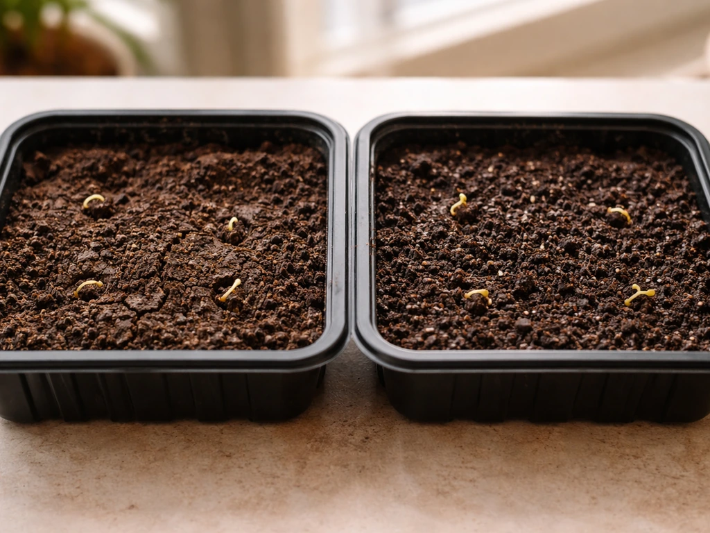 Two small seed trays side-by-side: one cracked and dry, the other evenly moist with no pooling water.
