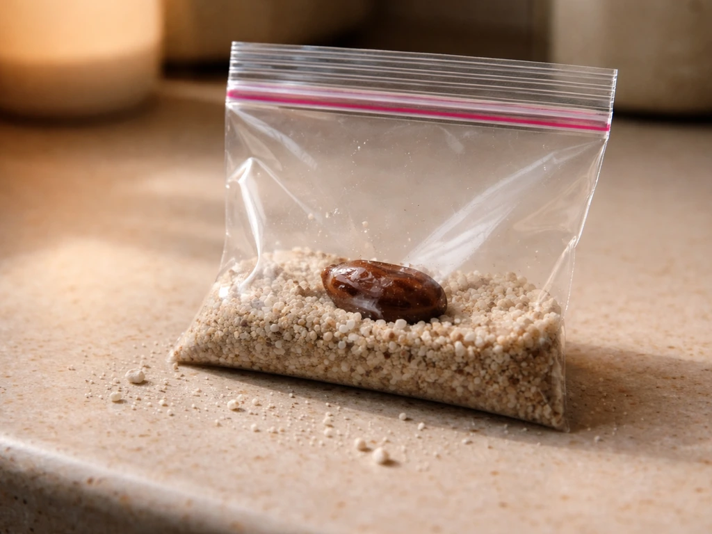 Sealed zip-lock bag with pre-soaked date seed and barely-moist perlite/sand resting in a warm spot
