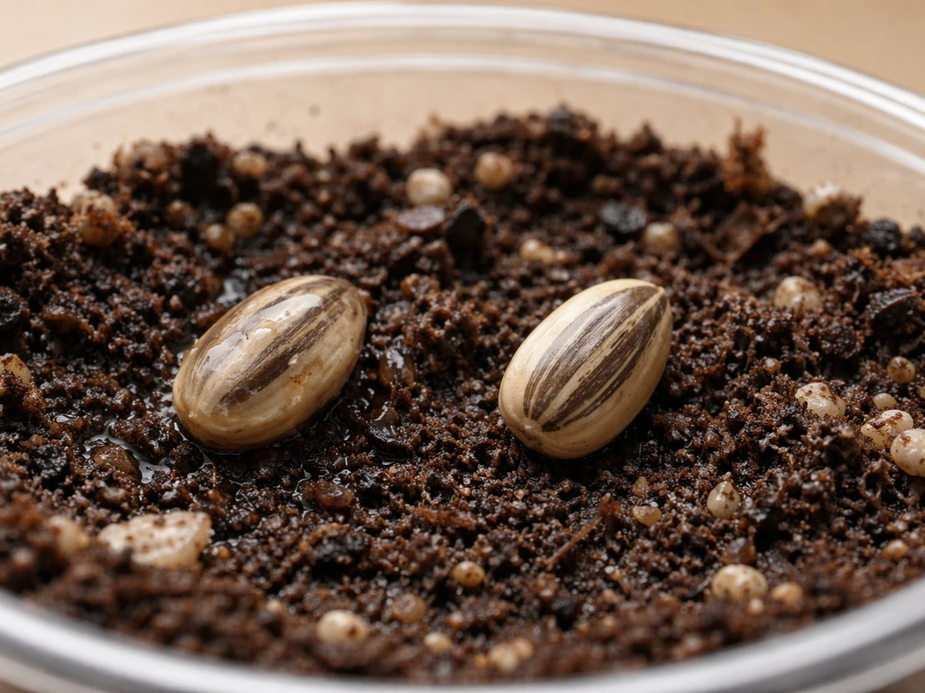 Close-up of a slimy, soft seed beside a firm seed in damp germination medium in a small container.