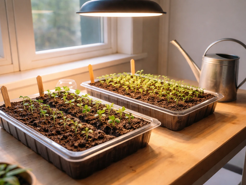 Indoor seed-starting trays under grow lights with healthy seedlings in a bright minimal setup