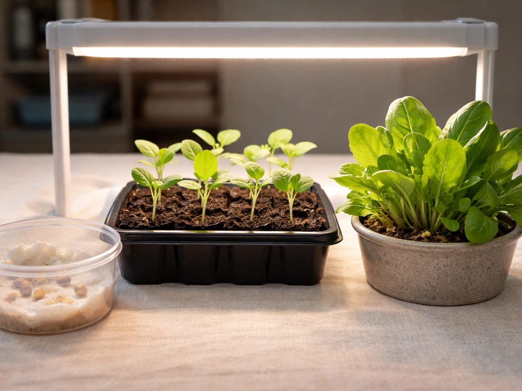 Three indoor seed-start stages side-by-side: cracked seeds, leafy seedlings, and small harvest-ready greens.
